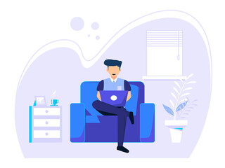 Home office concept, man working from home, student or freelancer. vector illustration in flat style.