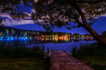 Moscow. August 27, 2020. Meshchersky park. Beautiful night summer landscape with a view of the pond
