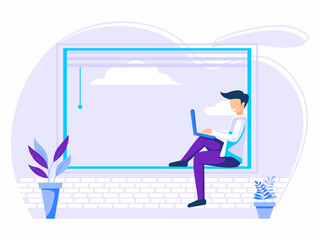 Home office concept, man working from home, student or freelancer. vector illustration in flat style.