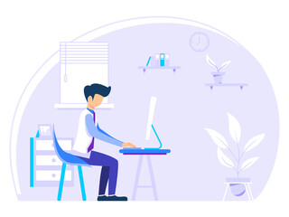 Obraz na płótnie Canvas Home office concept, man working from home, student or freelancer. vector illustration in flat style.