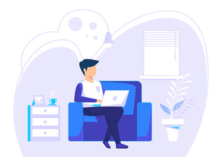 Home office concept, man working from home, student or freelancer. vector illustration in flat style.