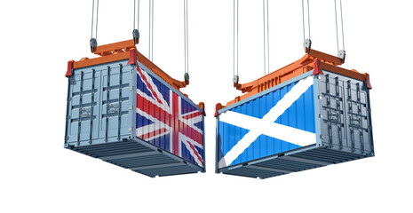 Freight containers with United Kingdom and Scotland national flags. 3D Rendering 