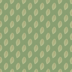 Seamless autumn pattern with cartoon style khaki ash tree leaves on earthy green background. Fall forest backdrop for gift wrapping paper scrapbook kids crafts
