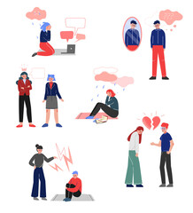 Depressed Teenagers Set, Bullying, Conflict with Parents, Depression, Unrequited Love, Teenage Puberty Problems Concept Vector Illustration
