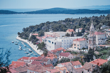 Beautiful view of Hvar old town on the sea shore.