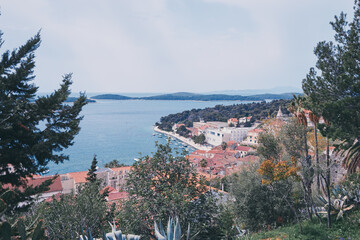 Beautiful view of Hvar old town on the sea shore.