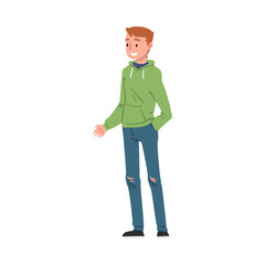 Smiling Teenage Boy Wearing Sweatshirt and Ripped Jeans, Schoolboy, Student, Classmate or Friend Positive Character Cartoon Style Vector Illustration