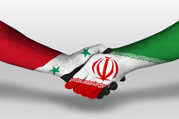 Handshake between iran and syria flags painted on hands, illustration with clipping path.