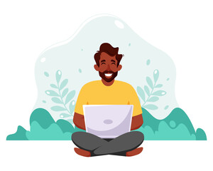 Black man sitting with laptop. Freelance, online studying, work from home anywhere. Vector illustration