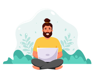 Man working on laptop. Freelance, online studying, remote working concept. Vector illustration