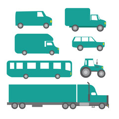 Collection of different cars. Set of cartoon flat design car, bus and truck icons Isolated on white background. Side view. Flat style, illustration. Delivery and logistics service concept