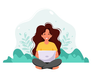 Woman working on laptop. Freelance, online studying, work from anywhere. Vector illustration
