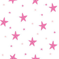 Fototapeta na wymiar Children's seamless pattern with cute pink stars with faces. Vector flat illustrations. For Wallpaper, textiles, fabric, paper.
