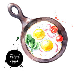 Watercolor hand drawn breakfast illustration of fried eggs. Vector painted sketch food isolated on white background