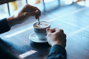 cafe restaurant table male hands coffee cup model
