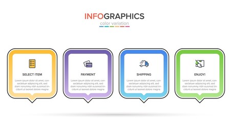 Concept of shopping process with 4 successive steps. Four colorful graphic elements. Timeline design for brochure, presentation, web site. Infographic design layout.