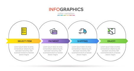 Concept of shopping process with 4 successive steps. Four colorful graphic elements. Timeline design for brochure, presentation, web site. Infographic design layout.