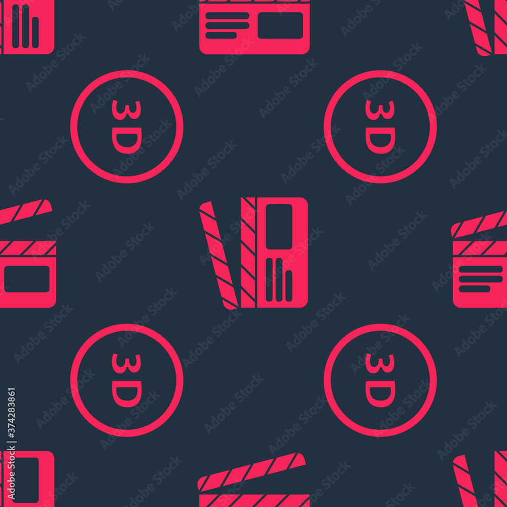 Poster set 3d word and movie clapper on seamless pattern. vector.