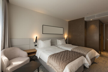 Interior of a double bed hotel bedroom