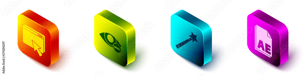 Poster set isometric web design and development, red eye effect, magic wand and ae file document icon. vect