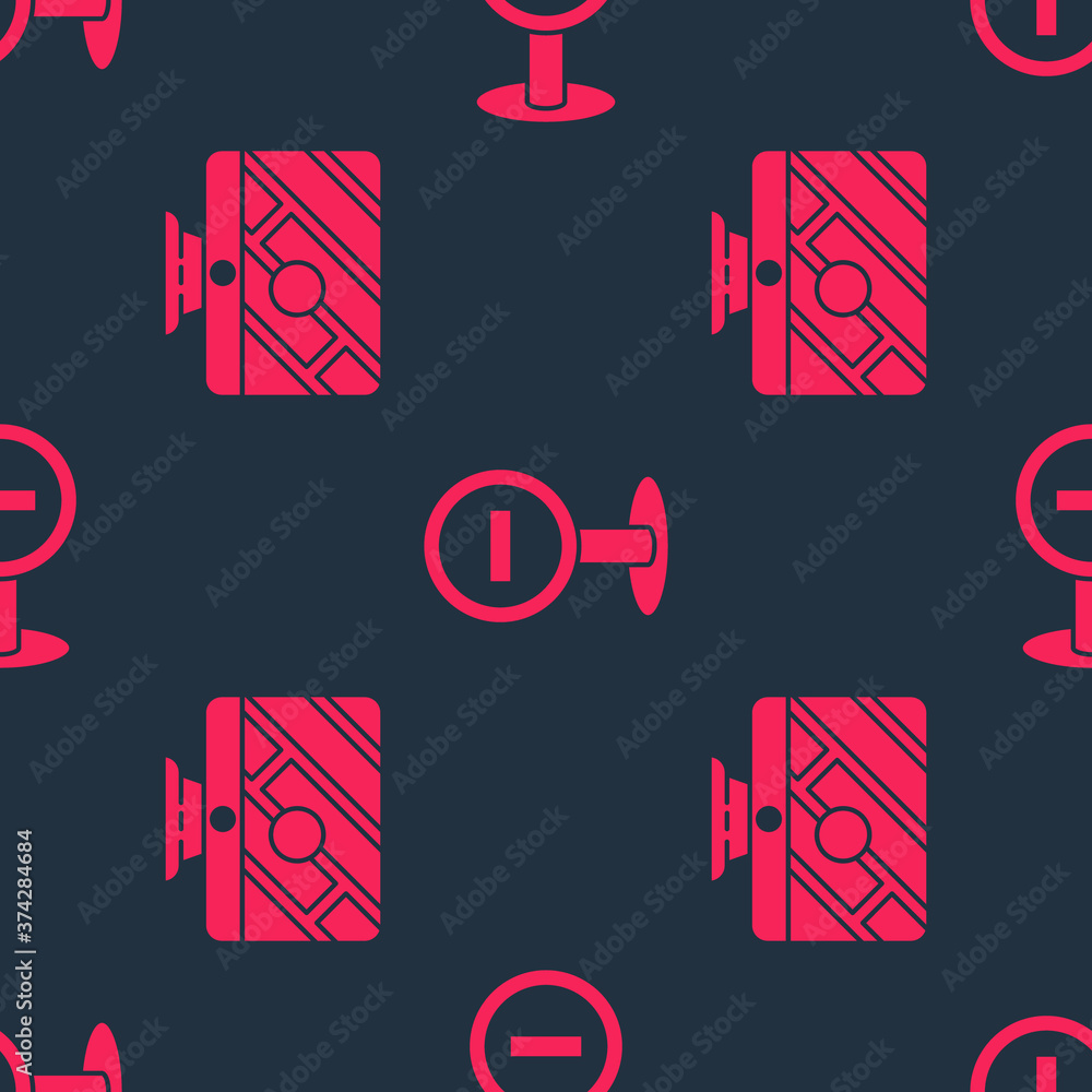 Aufkleber set monitor with location marker and stop sign on seamless pattern. vector.