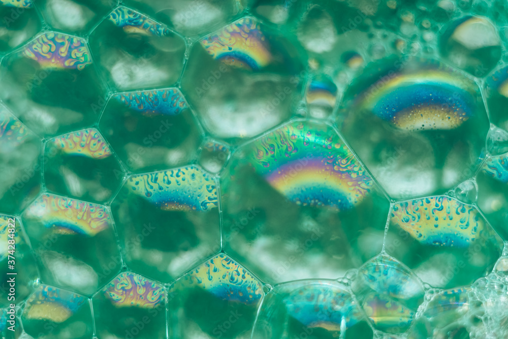 Poster close up beautiful green abstract soap bubbles. background pattern for design. macro photography vie