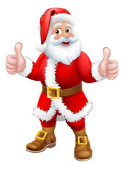 Santa Claus Christmas cartoon character standing giving a double thumbs up.