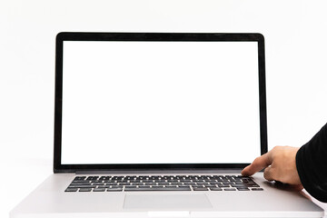 modern laptop isolated on white with copy  space right hand turned power on off