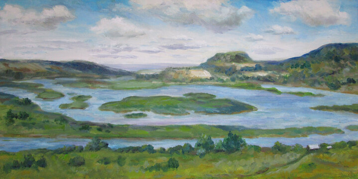 Volga view in Samara, summer, oil painting