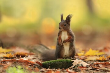 Art view on wild nature. Cute red squirrel with long pointed ears in autumn scene . Wildlife in october forest. . Sciurus vulgaris