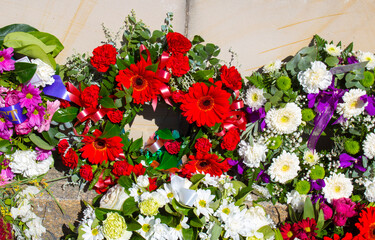Beautiful colorful fresh floral  wreaths  for Anzac Day memorial celebrations  25th April in Bunbury ,Western Australia to honor and remember those who gave their lives in battles 