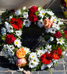 Beautiful colorful fresh floral  wreaths  for Anzac Day memorial celebrations  25th April in Bunbury ,Western Australia to honor and remember those who gave their lives in battles "lest we forget."
