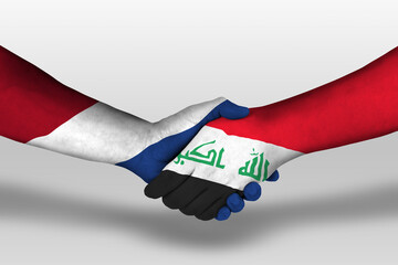 Handshake between iraq and netherlands flags painted on hands, illustration with clipping path.