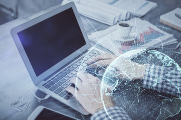 Social network theme hologram with businessman working on computer on background. Concept of world wide web. Double exposure.