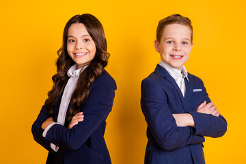 Close-up portrait of her she his he nice attractive diligent cheerful content learners folded arms...