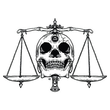 tattoo and t-shirt design black and white hand drawn libra skull zodiac  premium vector