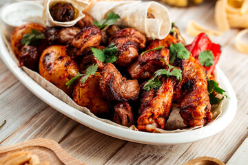Closeup on grilled shashlyq meat platter