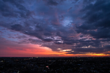 Dramatic of sunset and dark clouds, Colorful of sunrise, Cityscape of sunset time