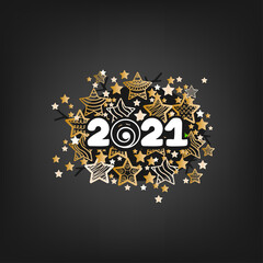 Happy new year 2021! Vector numbers with gold starry decoration on a dark background. Illustration for a holiday decor.