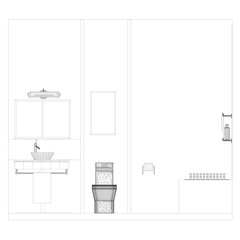 Wireframe bathroom interior from black lines on a white background. Front view. 3D. Vector illustration