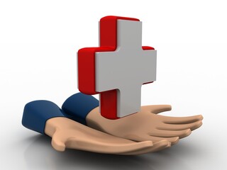 3d rendering plus sign in human hand