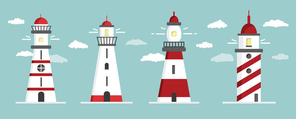 Lighthouse set. Flat design, vector illustration.
