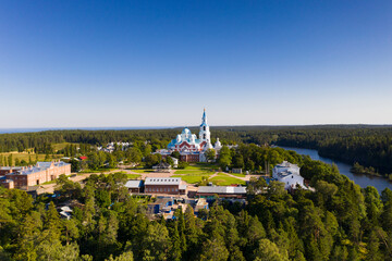 the ancient monastery of Valaam and nearby skerries filmed from a drone
