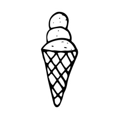 ice cream in a waffle cone hand drawn in doodle style. single element for design sticker, poster, card, icon. vector, scandinavian, hygge, monochrome. food, dessert