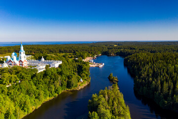 Fototapeta na wymiar the ancient monastery of Valaam and nearby skerries filmed from a drone