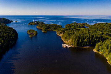 the ancient monastery of Valaam and nearby skerries filmed from a drone