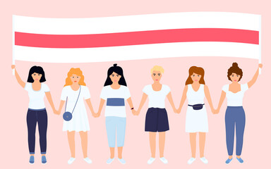 Obraz premium Girls peaceful demonstrators hold the flag of Belarus