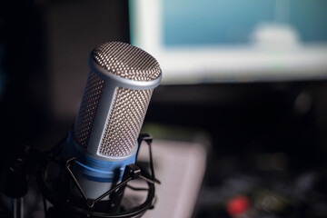 microphone in recording studio, close up, blurry background