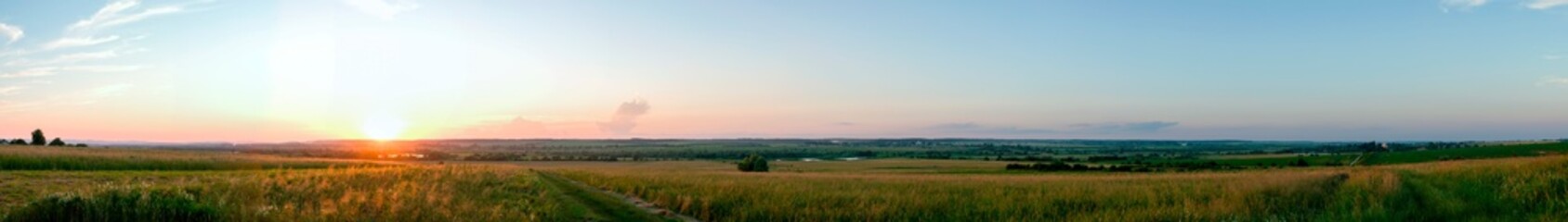 Naklejka na ściany i meble Summer sunset over wheat field. Beautiful sunset sky over countryside