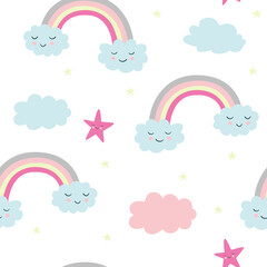 Children's pattern with rainbows, stars, clouds. Vector flat illustration. For wallpaper, textiles, fabric, paper.